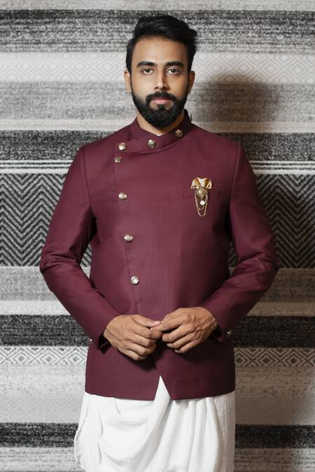 Shop Yajy By Aditya Jain Maroon Silk, Italian Suiting, Stretch Cotton Overlap Bandhgala Set Online at Aza Fashions Shop_Yajy By Aditya Jain_Maroon Silk, Italian Suiting, Stretch Cotton Overlap Bandhgala Set _Online_at_Aza_Fashions