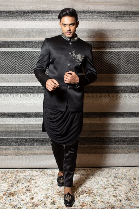 Yajy By Aditya Jain Black Silk, Italian Suiting, Stretch Cotton Bandhgala And Cowl Kurta Set