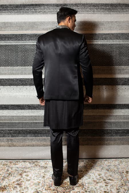 Shop Yajy By Aditya Jain Black Silk, Italian Suiting, Stretch Cotton Bandhgala And Cowl Kurta Set at Aza Fashions Shop_Yajy By Aditya Jain_Black Silk, Italian Suiting, Stretch Cotton Bandhgala And Cowl Kurta Set _at_Aza_Fashions