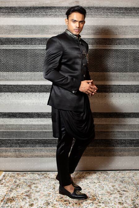 Yajy By Aditya Jain Black Silk, Italian Suiting, Stretch Cotton Bandhgala And Cowl Kurta Set Online at Aza Fashions Yajy By Aditya Jain_Black Silk, Italian Suiting, Stretch Cotton Bandhgala And Cowl Kurta Set _Online_at_Aza_Fashions