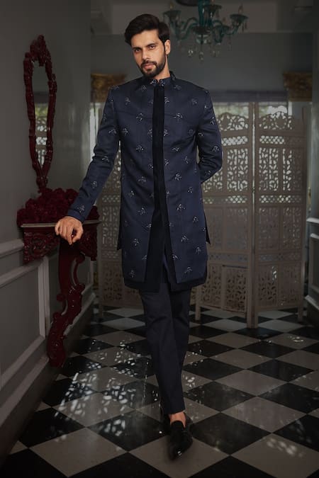 YAJY by Aditya Jain Blue Jacket And Kurta Silk Embroidery Beads Kriya Sherwani Set 