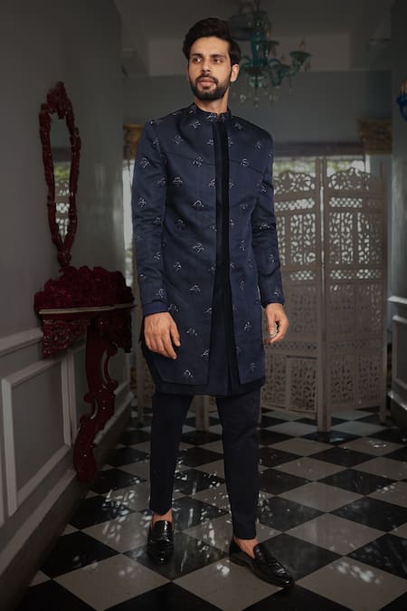 Shop_Yajy By Aditya Jain_Blue Jacket And Kurta Silk, Pant Stretch Cotton Kriya Embroidered Sherwani Set _at_Aza_Fashions