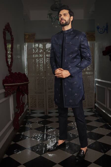 Yajy By Aditya Jain_Blue Jacket And Kurta Silk, Pant Stretch Cotton Kriya Embroidered Sherwani Set _Online_at_Aza_Fashions
