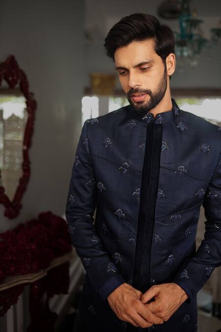 Buy_Yajy By Aditya Jain_Blue Jacket And Kurta Silk, Pant Stretch Cotton Kriya Embroidered Sherwani Set _Online_at_Aza_Fashions