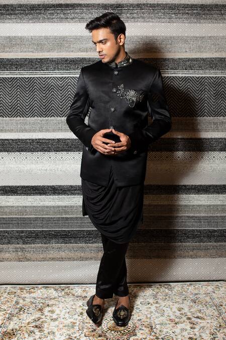 Buy Yajy By Aditya Jain Black Silk, Italian Suiting, Stretch Cotton Bandhgala And Cowl Kurta Set Online at Aza Fashions Buy_Yajy By Aditya Jain_Black Silk, Italian Suiting, Stretch Cotton Bandhgala And Cowl Kurta Set _Online_at_Aza_Fashions