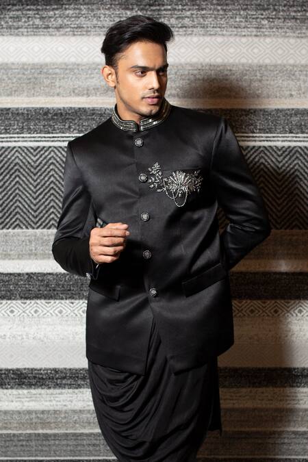 Shop Yajy By Aditya Jain Black Silk, Italian Suiting, Stretch Cotton Bandhgala And Cowl Kurta Set Online at Aza Fashions Shop_Yajy By Aditya Jain_Black Silk, Italian Suiting, Stretch Cotton Bandhgala And Cowl Kurta Set _Online_at_Aza_Fashions