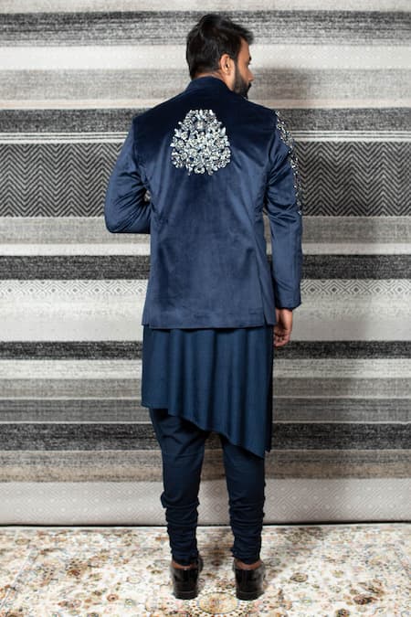 Shop Yajy By Aditya Jain Black Silk, Stretch Cotton, Suede Cutdana, Bead And Embroidered Bandhgala Set at Aza Fashions Shop_Yajy By Aditya Jain_Black Silk, Stretch Cotton, Suede Cutdana, Bead And Embroidered Bandhgala Set _at_Aza_Fashions