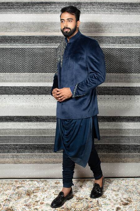 Yajy By Aditya Jain Black Silk, Stretch Cotton, Suede Cutdana, Bead And Embroidered Bandhgala Set Online at Aza Fashions Yajy By Aditya Jain_Black Silk, Stretch Cotton, Suede Cutdana, Bead And Embroidered Bandhgala Set _Online_at_Aza_Fashions