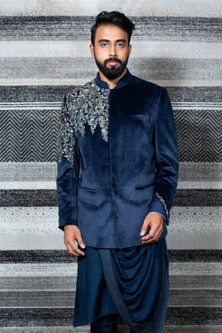 Buy Yajy By Aditya Jain Black Silk, Stretch Cotton, Suede Cutdana, Bead And Embroidered Bandhgala Set Online at Aza Fashions Buy_Yajy By Aditya Jain_Black Silk, Stretch Cotton, Suede Cutdana, Bead And Embroidered Bandhgala Set _Online_at_Aza_Fashions