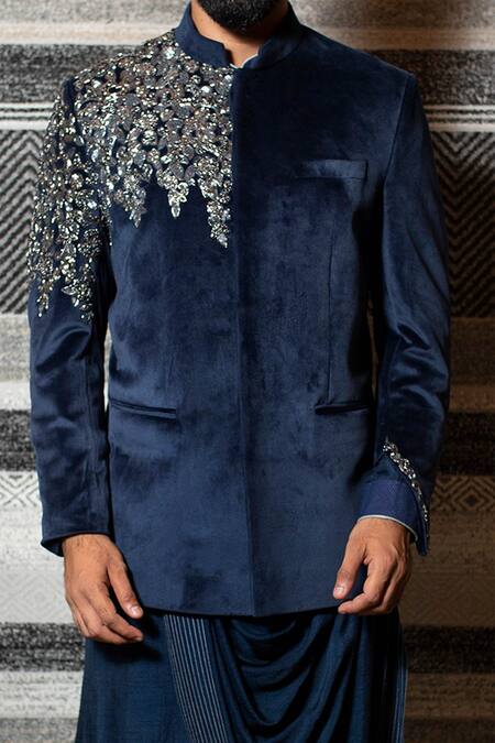 Shop Yajy By Aditya Jain Black Silk, Stretch Cotton, Suede Cutdana, Bead And Embroidered Bandhgala Set Online at Aza Fashions Shop_Yajy By Aditya Jain_Black Silk, Stretch Cotton, Suede Cutdana, Bead And Embroidered Bandhgala Set _Online_at_Aza_Fashions