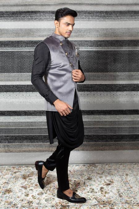 Yajy By Aditya Jain Black Silk, Stretch Cotton, Suede Overlap Bundi And Kurta Set Online at Aza Fashions Yajy By Aditya Jain_Black Silk, Stretch Cotton, Suede Overlap Bundi And Kurta Set _Online_at_Aza_Fashions
