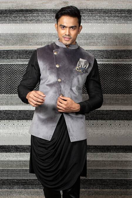 Buy Yajy By Aditya Jain Black Silk, Stretch Cotton, Suede Overlap Bundi And Kurta Set Online at Aza Fashions Buy_Yajy By Aditya Jain_Black Silk, Stretch Cotton, Suede Overlap Bundi And Kurta Set _Online_at_Aza_Fashions