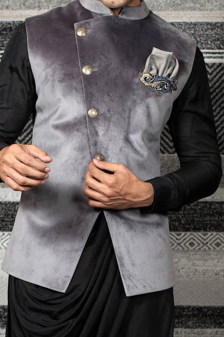 Shop Yajy By Aditya Jain Black Silk, Stretch Cotton, Suede Overlap Bundi And Kurta Set Online at Aza Fashions Shop_Yajy By Aditya Jain_Black Silk, Stretch Cotton, Suede Overlap Bundi And Kurta Set _Online_at_Aza_Fashions