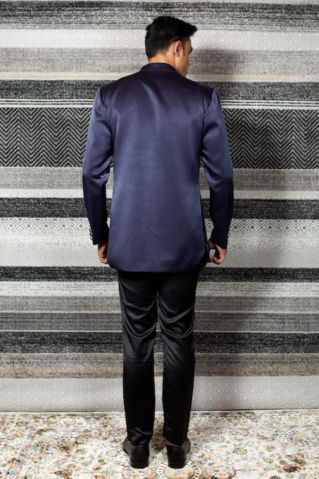 Shop Yajy By Aditya Jain Blue Italian Suiting, Stretch Cotton Layered Bandhgala And Trouser Set at Aza Fashions Shop_Yajy By Aditya Jain_Blue Italian Suiting, Stretch Cotton Layered Bandhgala And Trouser Set _at_Aza_Fashions