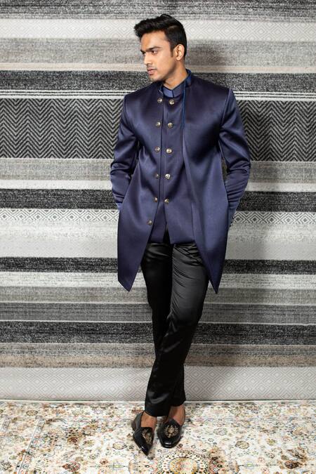 Yajy By Aditya Jain Blue Italian Suiting, Stretch Cotton Layered Bandhgala And Trouser Set Online at Aza Fashions Yajy By Aditya Jain_Blue Italian Suiting, Stretch Cotton Layered Bandhgala And Trouser Set _Online_at_Aza_Fashions