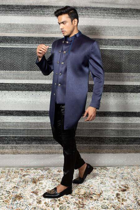 Buy Yajy By Aditya Jain Blue Italian Suiting, Stretch Cotton Layered Bandhgala And Trouser Set Online at Aza Fashions Buy_Yajy By Aditya Jain_Blue Italian Suiting, Stretch Cotton Layered Bandhgala And Trouser Set _Online_at_Aza_Fashions