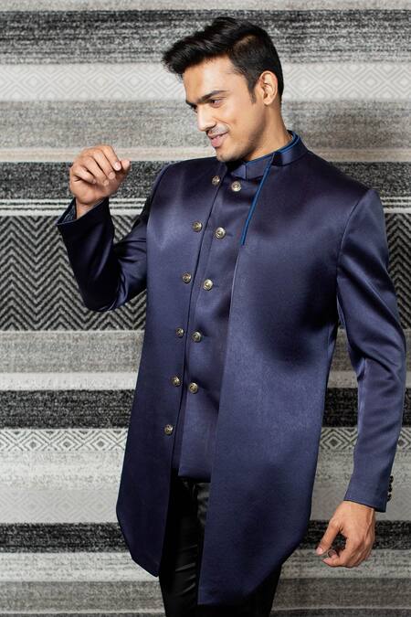 Shop Yajy By Aditya Jain Blue Italian Suiting, Stretch Cotton Layered Bandhgala And Trouser Set Online at Aza Fashions Shop_Yajy By Aditya Jain_Blue Italian Suiting, Stretch Cotton Layered Bandhgala And Trouser Set _Online_at_Aza_Fashions