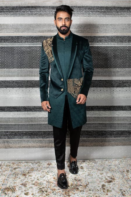 Yajy By Aditya Jain Green Silk, Stretch Cotton Geometric Embroidered Sherwani Set