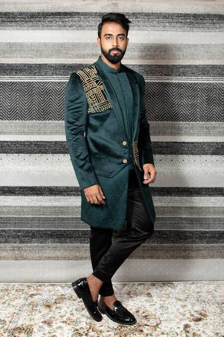 Yajy By Aditya Jain_Green Silk, Stretch Cotton Geometric Embroidered Sherwani Set _Online_at_Aza_Fashions