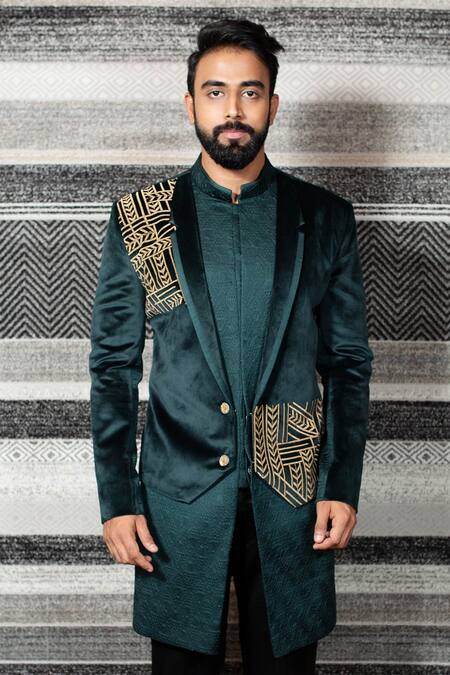 Buy_Yajy By Aditya Jain_Green Silk, Stretch Cotton Geometric Embroidered Sherwani Set _Online_at_Aza_Fashions