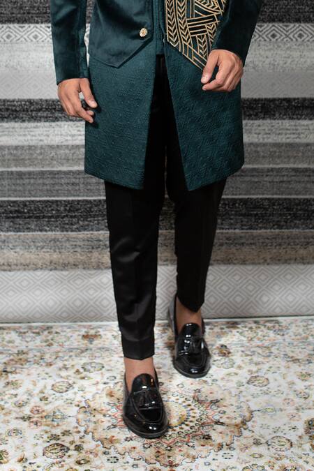 Yajy By Aditya Jain_Green Silk, Stretch Cotton Geometric Embroidered Sherwani Set _at_Aza_Fashions