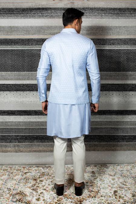 Shop Yajy By Aditya Jain Blue Silk, Stretch Cotton Geometric Embroidered Bundi And Kurta Set at Aza Fashions Shop_Yajy By Aditya Jain_Blue Silk, Stretch Cotton Geometric Embroidered Bundi And Kurta Set _at_Aza_Fashions