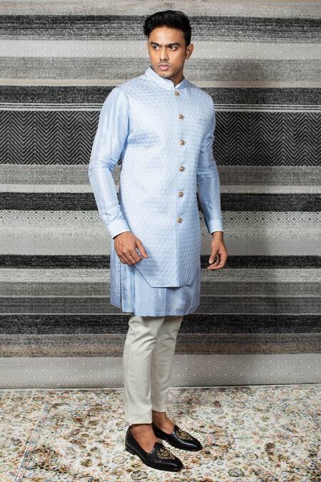 Yajy By Aditya Jain Blue Silk, Stretch Cotton Geometric Embroidered Bundi And Kurta Set Online at Aza Fashions Yajy By Aditya Jain_Blue Silk, Stretch Cotton Geometric Embroidered Bundi And Kurta Set _Online_at_Aza_Fashions