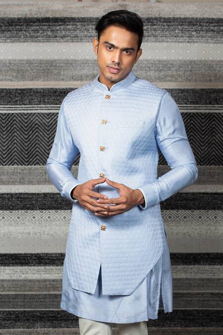 Buy Yajy By Aditya Jain Blue Silk, Stretch Cotton Geometric Embroidered Bundi And Kurta Set Online at Aza Fashions Buy_Yajy By Aditya Jain_Blue Silk, Stretch Cotton Geometric Embroidered Bundi And Kurta Set _Online_at_Aza_Fashions