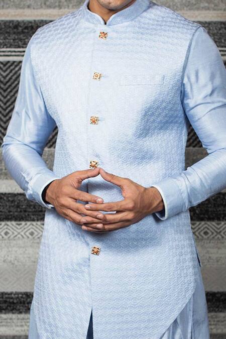 Shop Yajy By Aditya Jain Blue Silk, Stretch Cotton Geometric Embroidered Bundi And Kurta Set Online at Aza Fashions Shop_Yajy By Aditya Jain_Blue Silk, Stretch Cotton Geometric Embroidered Bundi And Kurta Set _Online_at_Aza_Fashions