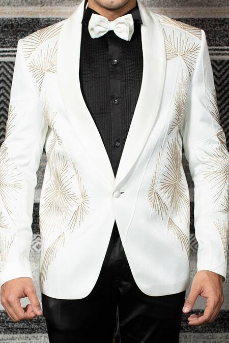 Shop_Yajy By Aditya Jain_Black Silk, Italian Suiting, Stretch Cotton Cutdana Embroidered Tuxedo Set _Online_at_Aza_Fashions