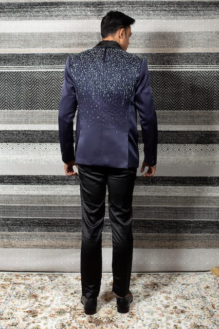 Shop Yajy By Aditya Jain Black Silk, Italian Suiting, Stretch Cotton Sequin Embroidered Tuxedo Set at Aza Fashions Shop_Yajy By Aditya Jain_Black Silk, Italian Suiting, Stretch Cotton Sequin Embroidered Tuxedo Set _at_Aza_Fashions