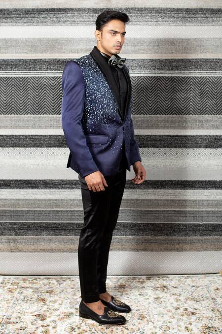 Yajy By Aditya Jain Black Silk, Italian Suiting, Stretch Cotton Sequin Embroidered Tuxedo Set Online at Aza Fashions Yajy By Aditya Jain_Black Silk, Italian Suiting, Stretch Cotton Sequin Embroidered Tuxedo Set _Online_at_Aza_Fashions