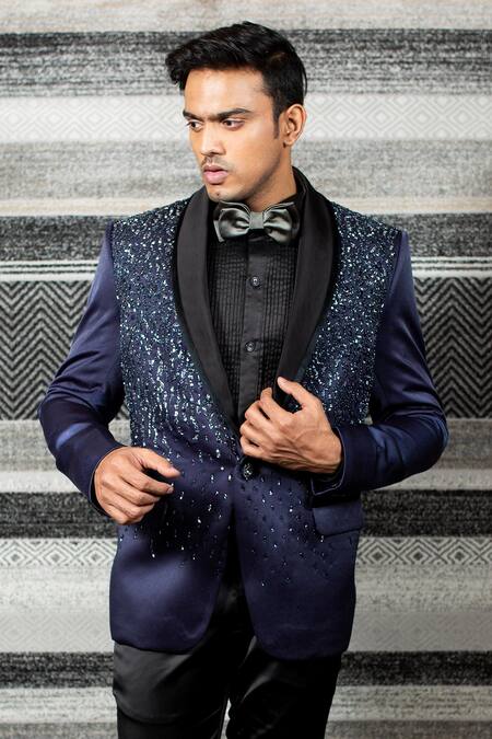 Shop Yajy By Aditya Jain Black Silk, Italian Suiting, Stretch Cotton Sequin Embroidered Tuxedo Set Online at Aza Fashions Shop_Yajy By Aditya Jain_Black Silk, Italian Suiting, Stretch Cotton Sequin Embroidered Tuxedo Set _Online_at_Aza_Fashions