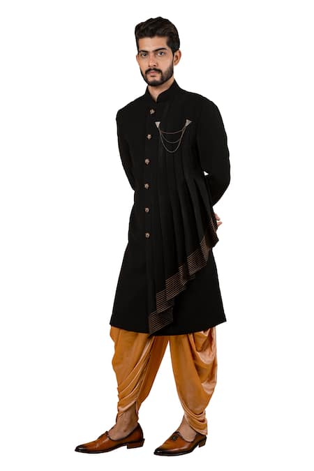 Yajy By Aditya Jain_Black Italien Suiting Pleated Sherwani _Online_at_Aza_Fashions