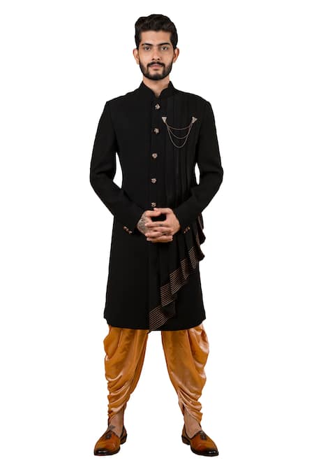 Buy_Yajy By Aditya Jain_Black Italien Suiting Pleated Sherwani _Online_at_Aza_Fashions