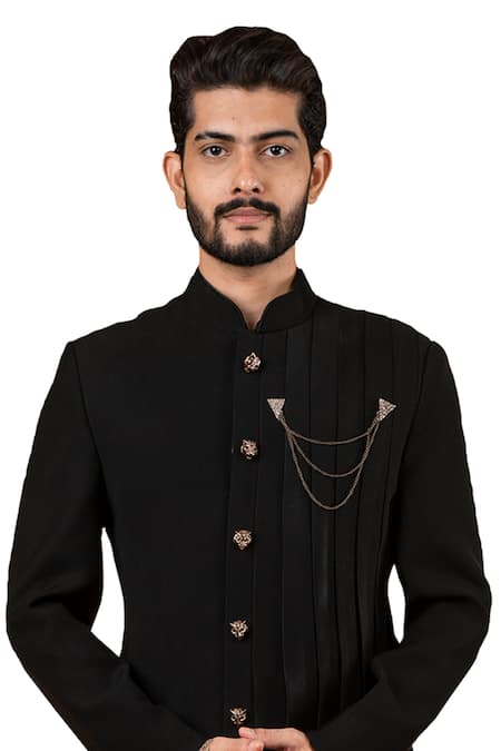Shop_Yajy By Aditya Jain_Black Italien Suiting Pleated Sherwani _Online_at_Aza_Fashions