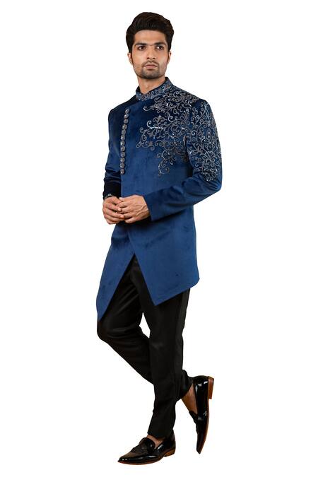 Yajy By Aditya Jain_Blue Suede Embroidered Sherwani _Online_at_Aza_Fashions