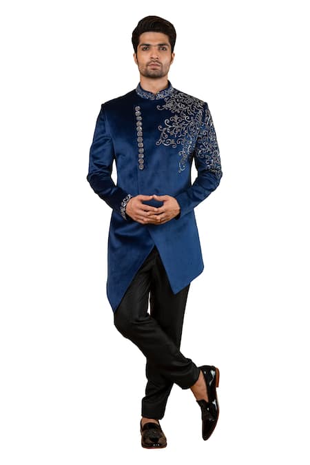 Buy_Yajy By Aditya Jain_Blue Suede Embroidered Sherwani _Online_at_Aza_Fashions