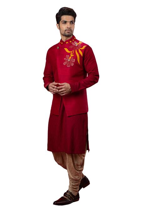 Yajy By Aditya Jain_Red Raw Silk Asymmetric Bundi _Online_at_Aza_Fashions