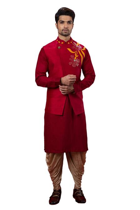 Buy_Yajy By Aditya Jain_Red Raw Silk Asymmetric Bundi _Online_at_Aza_Fashions