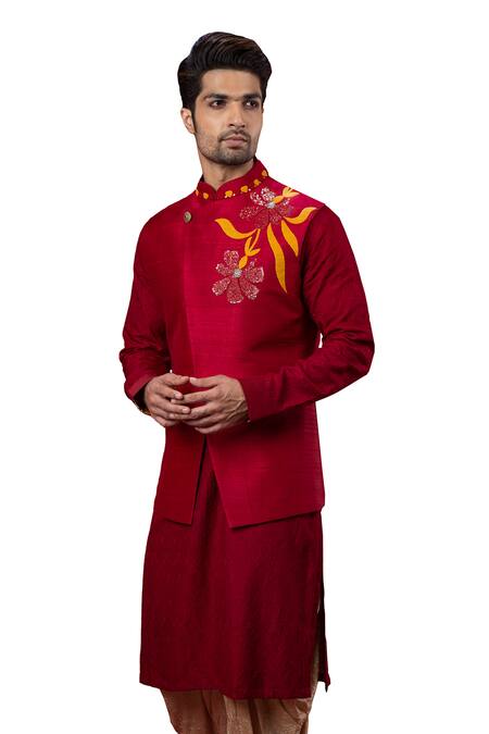 Shop_Yajy By Aditya Jain_Red Raw Silk Asymmetric Bundi _Online_at_Aza_Fashions