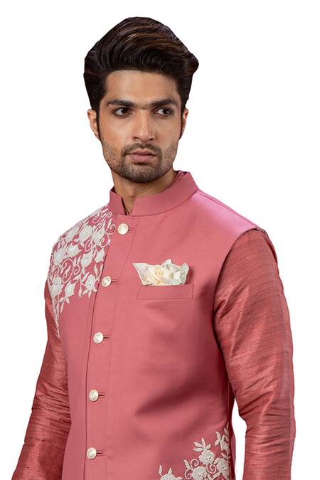 Shop_Yajy By Aditya Jain_Pink Italian Suiting Embroidered Bundi _Online_at_Aza_Fashions
