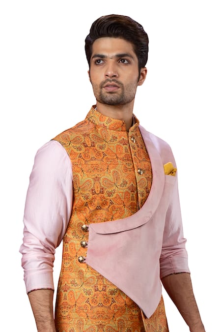 Shop_Yajy By Aditya Jain_Yellow Italien Suiting, Suede Printed Bundi _Online_at_Aza_Fashions