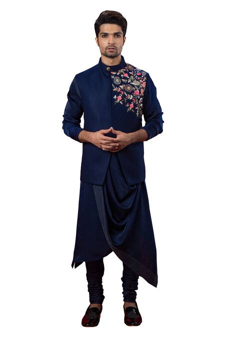 Buy_Yajy By Aditya Jain_Blue Italien Suiting Embroidered Bundi _Online_at_Aza_Fashions