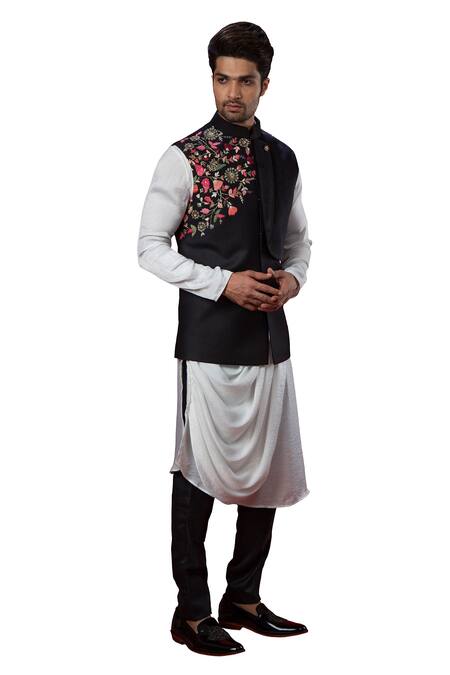 Yajy By Aditya Jain_Black Italien Suiting Embroidered Bundi _Online_at_Aza_Fashions