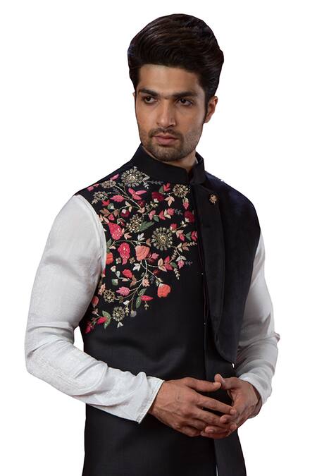 Shop_Yajy By Aditya Jain_Black Italien Suiting Embroidered Bundi _Online_at_Aza_Fashions