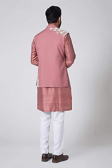 Shop Yajy By Aditya Jain Pink Silk, Italian Suiting Embroidered Bundi And Kurta Set at Aza Fashions Shop_Yajy By Aditya Jain_Pink Silk, Italian Suiting Embroidered Bundi And Kurta Set _at_Aza_Fashions