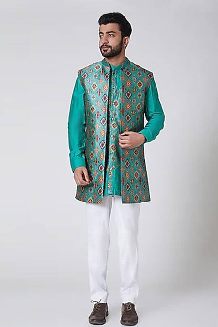 Yajy By Aditya Jain Blue Silk, Italian Suiting Embroidered Bundi And Kurta Set Online at Aza Fashions Yajy By Aditya Jain_Blue Silk, Italian Suiting Embroidered Bundi And Kurta Set _Online_at_Aza_Fashions