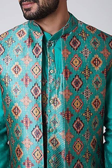 Shop Yajy By Aditya Jain Blue Silk, Italian Suiting Embroidered Bundi And Kurta Set Online at Aza Fashions Shop_Yajy By Aditya Jain_Blue Silk, Italian Suiting Embroidered Bundi And Kurta Set _Online_at_Aza_Fashions
