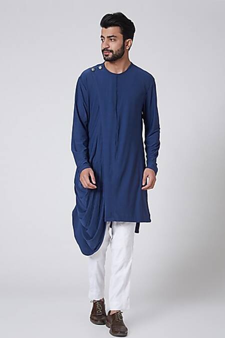 Yajy By Aditya Jain_Blue Silk, Suede Bundi And Kurta Set _Online_at_Aza_Fashions